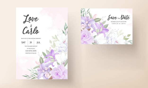 Hand drawn beautiful purple floral wedding invitation template