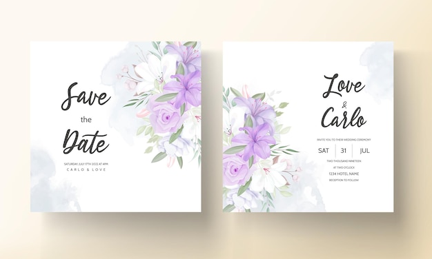 Hand drawn beautiful purple floral wedding invitation template