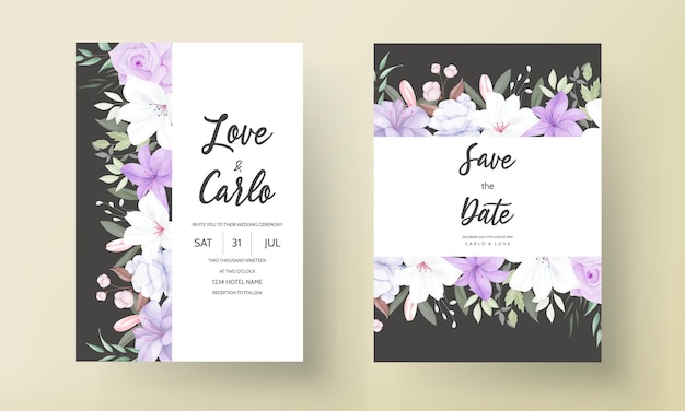 Hand drawn beautiful purple floral wedding invitation template