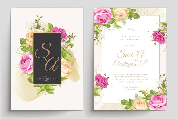 hand drawn beautiful roses wedding invitation card template