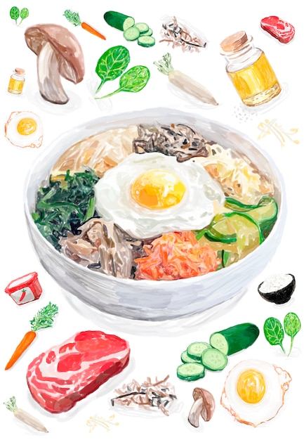 Free vector hand drawn bibimbap watercolor style