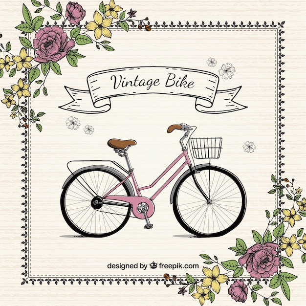 Free Vector hand drawn bike with flowers vintage background