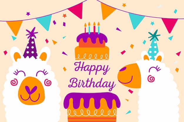 Hand drawn birthday background with cake and animals