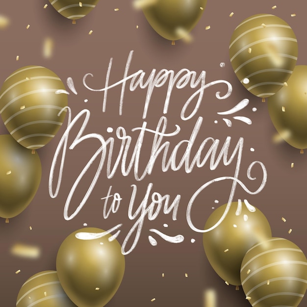 Free vector hand drawn birthday lettering with realistic golden balloons