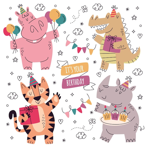 Free Vector hand drawn birthday stickers collection