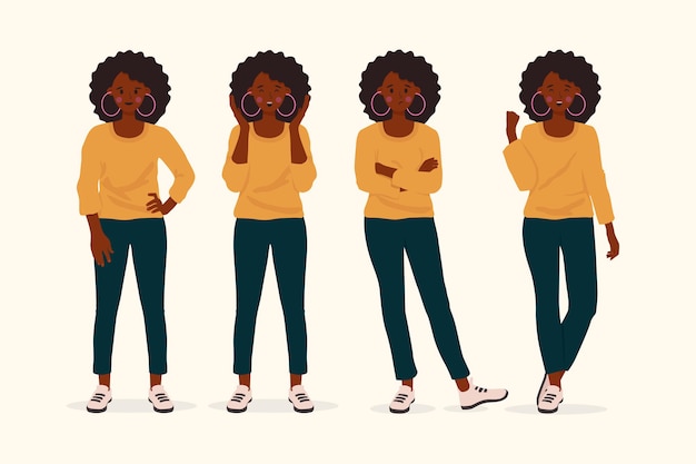 Free vector hand drawn black girl in different poses