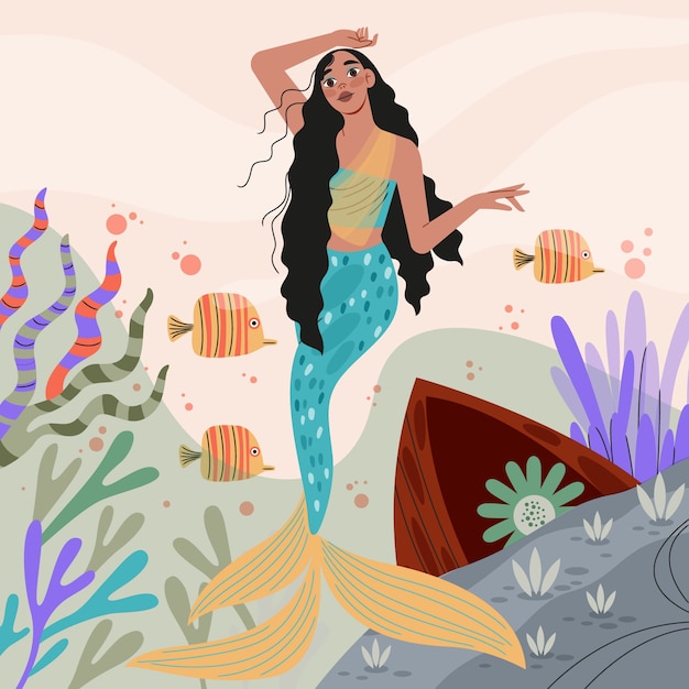 Hand drawn black mermaid illustration