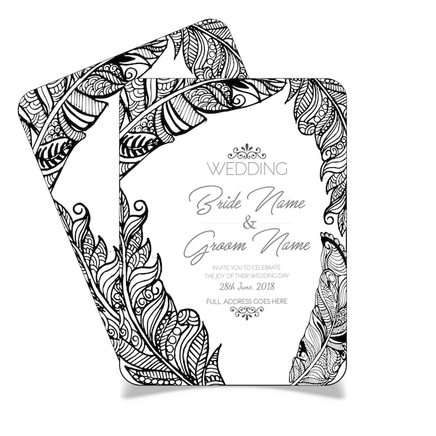 Free Vector hand drawn black and white feather wedding card