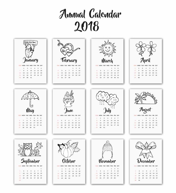 hand drawn black and white seasonal calendar 2018