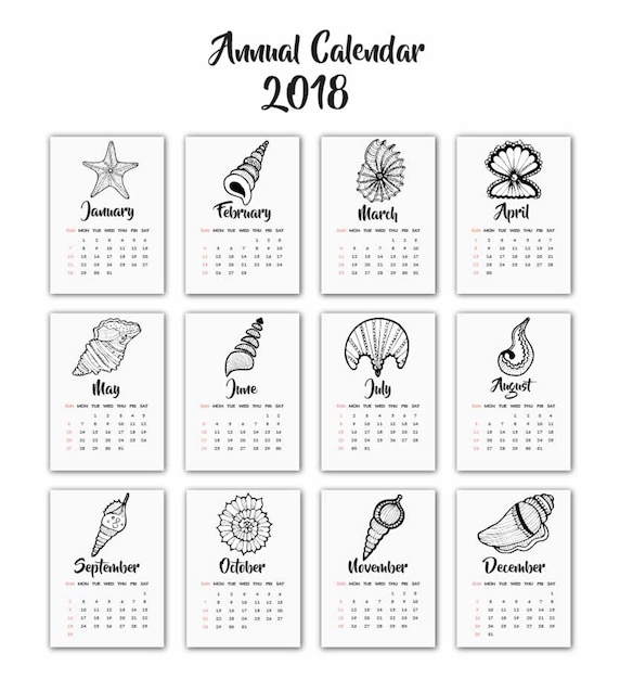 hand drawn black and white shells calendar 2018