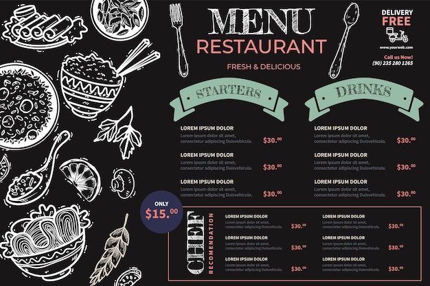 Hand drawn blackboard menu for restaurant