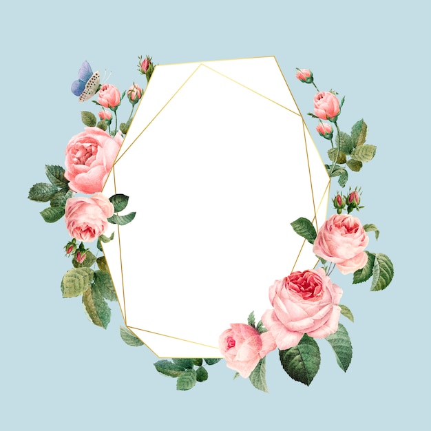 Hand drawn blank pink roses frame on blue background vector