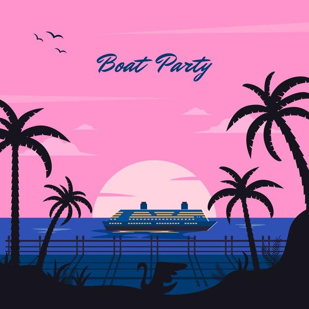 Hand drawn boat party illustration with palm trees