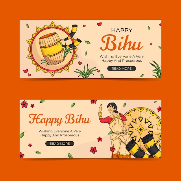 Hand drawn bohag bihu horizontal banners set