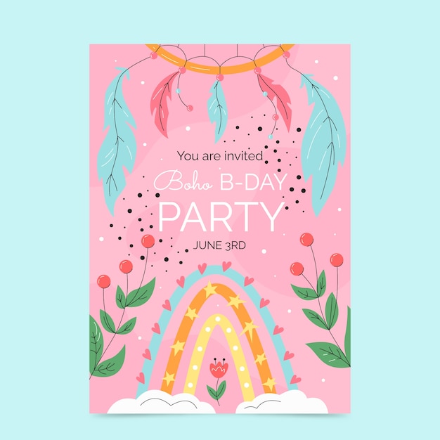 Hand drawn boho birthday flyer template