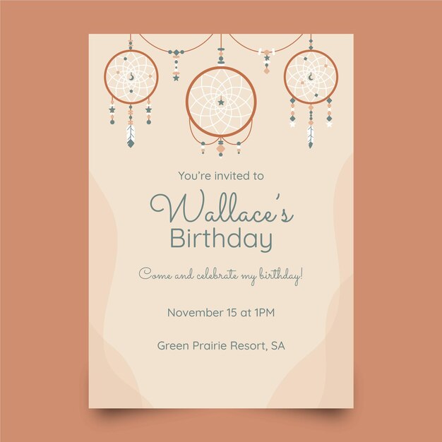 Hand drawn boho birthday invitation template