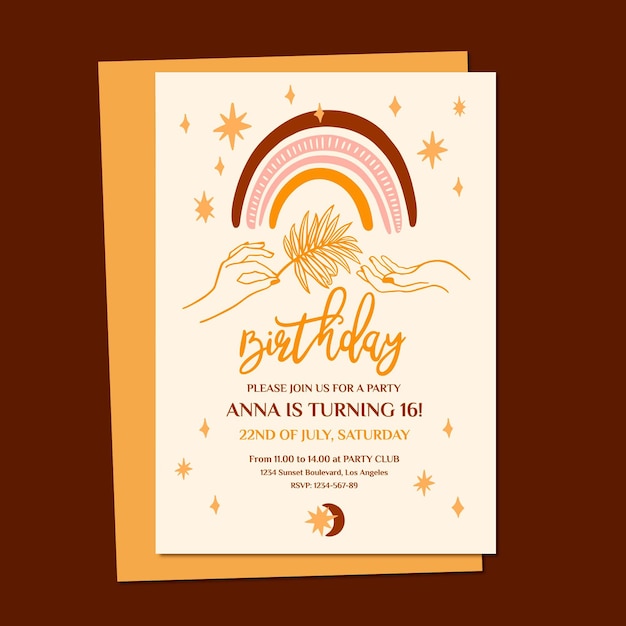 Hand drawn boho birthday invitation template