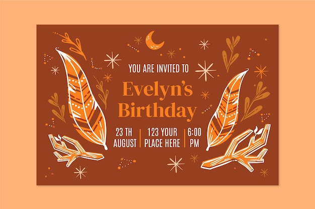 Hand drawn boho birthday invitation template