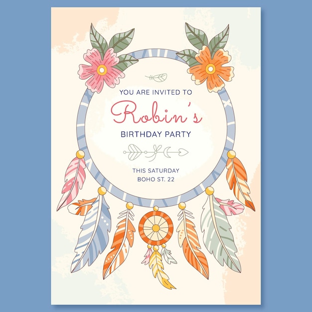 Hand drawn boho birthday invitation template