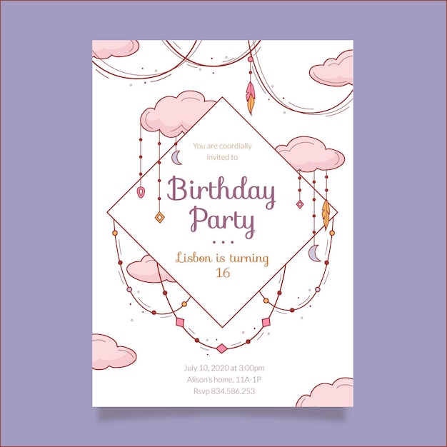 Hand drawn boho birthday invitation