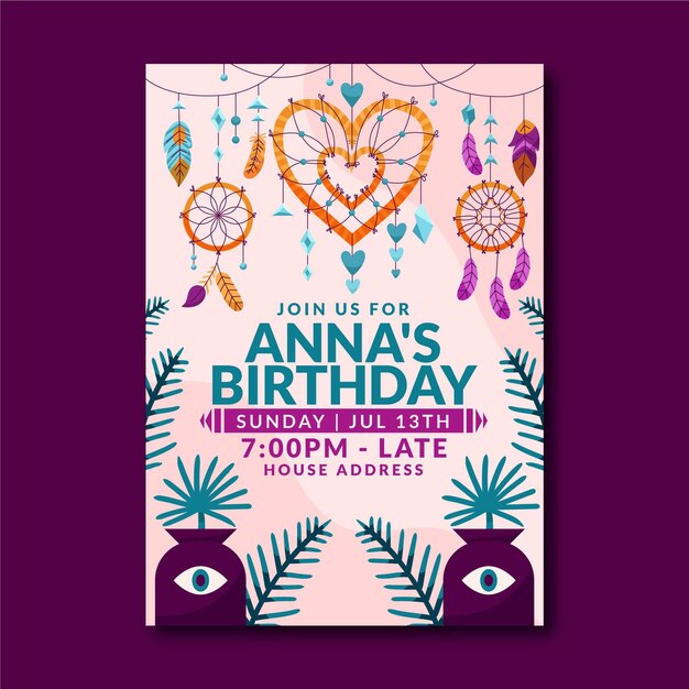 Hand drawn boho birthday invitation