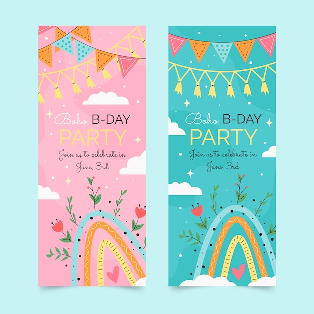 Hand drawn boho birthday vertical banners