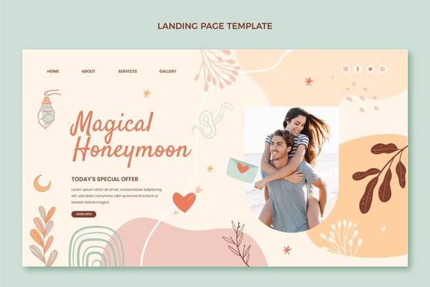 Hand drawn boho honeymoon landing page template