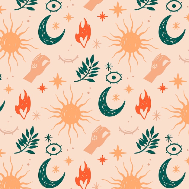 Hand drawn boho pattern with moon