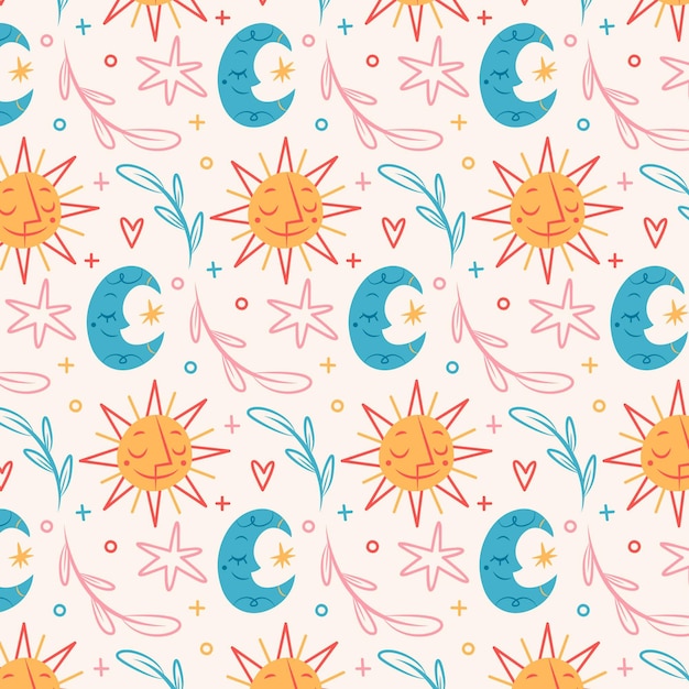 Hand drawn boho pattern with sun and moon