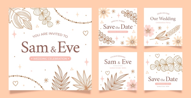 Hand drawn boho wedding instagram posts template