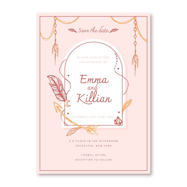 Hand drawn boho wedding invitation template