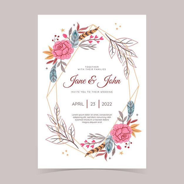 Hand drawn boho wedding invitation template