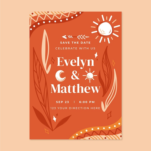 Hand drawn boho wedding invitation template