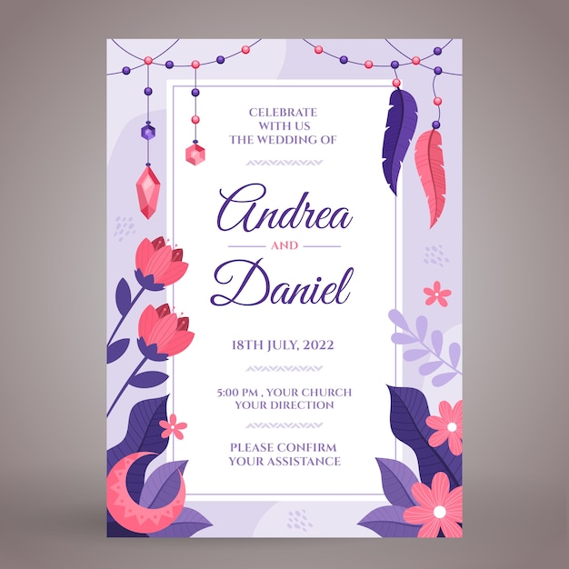 Free Vector hand drawn boho wedding invitation with flowers