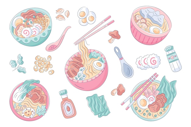 Hand drawn bowls of ramen soup