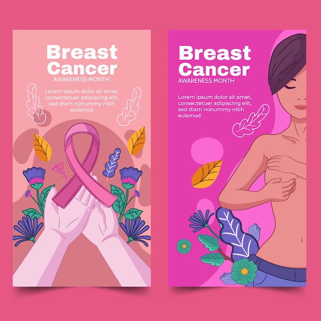 Hand drawn breast cancer awareness month banners set