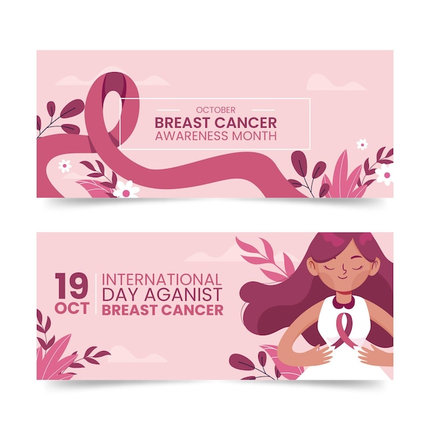 Hand drawn breast cancer awareness month horizontal banners set