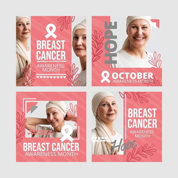 Free Vector hand drawn breast cancer awareness month instagram posts collection with photo