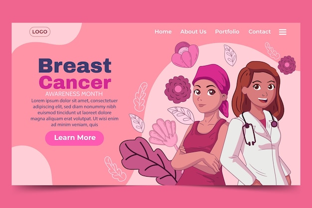 Hand drawn breast cancer awareness month landing page template