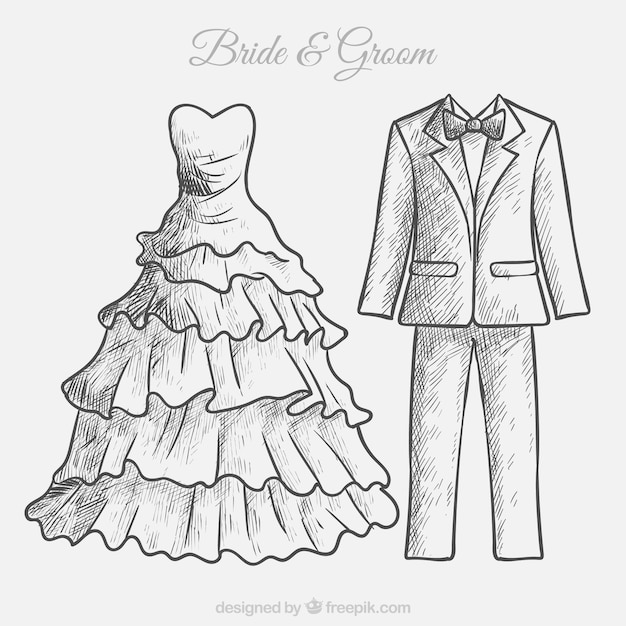 Hand drawn bride dress and groom suit sketch