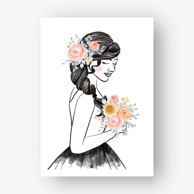 Free Vector hand drawn bride with bouquet flower watercolor illustration