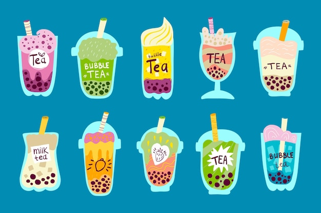 Hand drawn bubble tea flavors collection