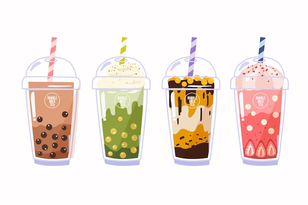 Hand drawn bubble tea flavors set