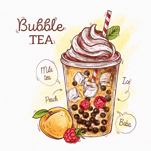 Free Vector hand drawn bubble tea with peach