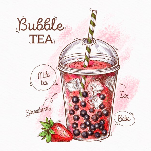 Hand drawn bubble tea with strawberry