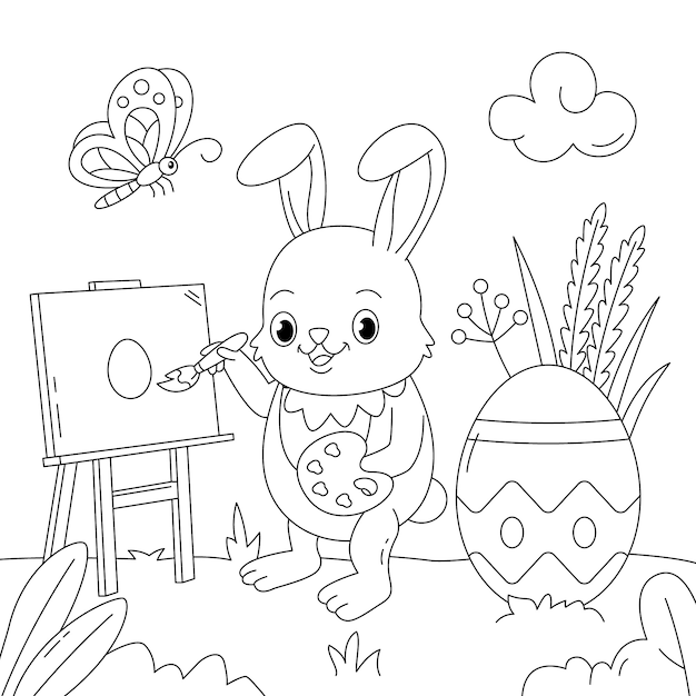 Hand drawn bunny coloring book illustration