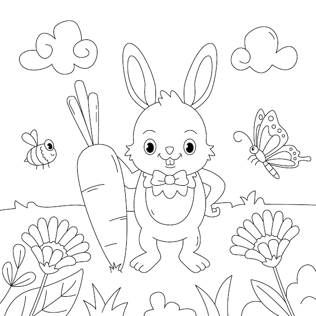 Hand drawn bunny coloring book illustration