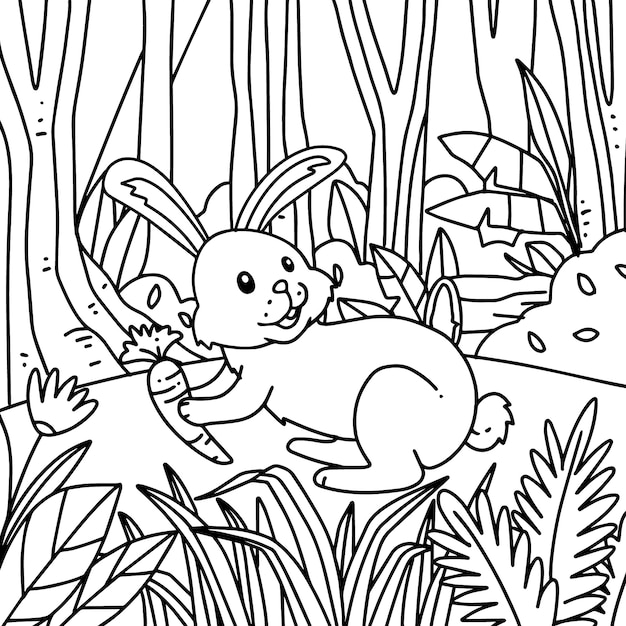 Hand drawn bunny coloring book illustration