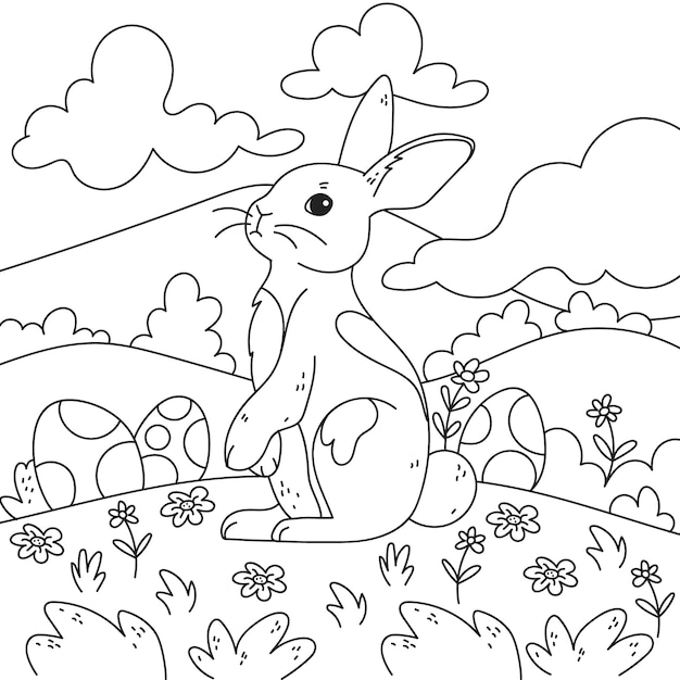 Hand drawn bunny coloring book illustration