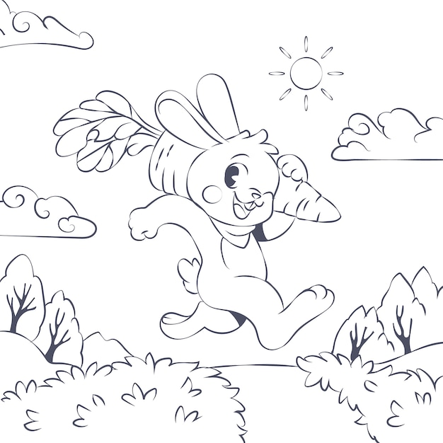 Hand drawn bunny coloring book illustration